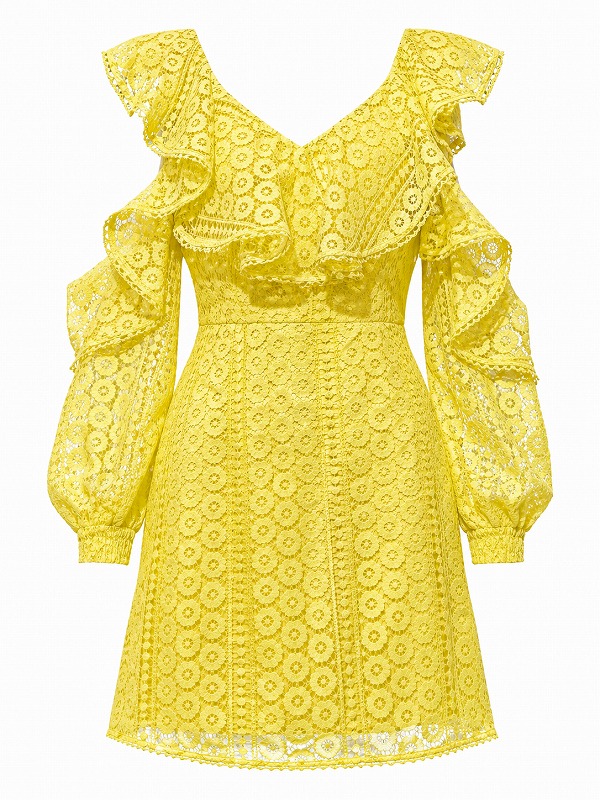 【新品DRESS 176】総レースオープンショルダーセミフレアミニドレス イエロー【NO SECRETS】